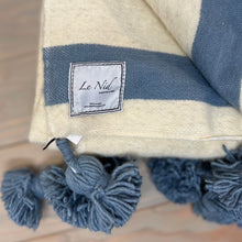 Load image into Gallery viewer, Moroccan Pom Pom Blanket Cream &amp; Blue
