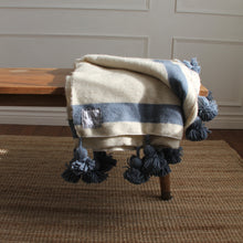 Load image into Gallery viewer, Moroccan Pom Pom Blanket Cream &amp; Blue
