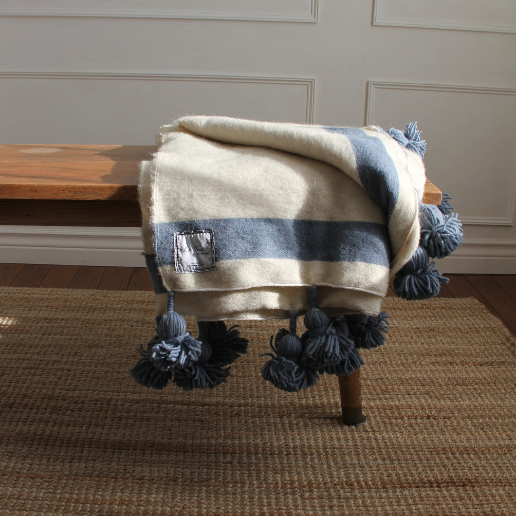 Moroccan Pom Pom Blanket Cream & Blue